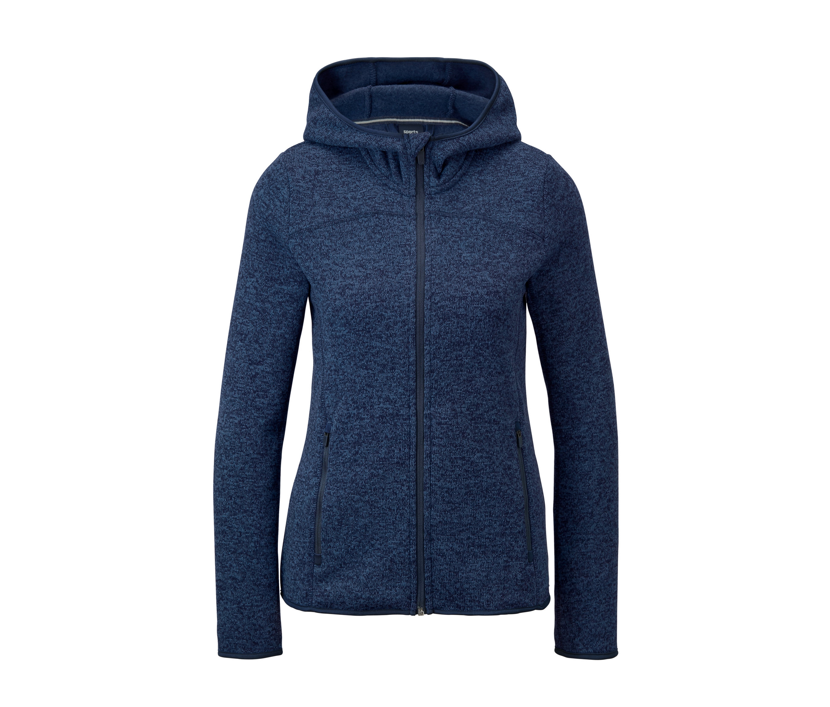 Rozpinana, polarowa bluza damska z kapturem w kolorze niebieskim.