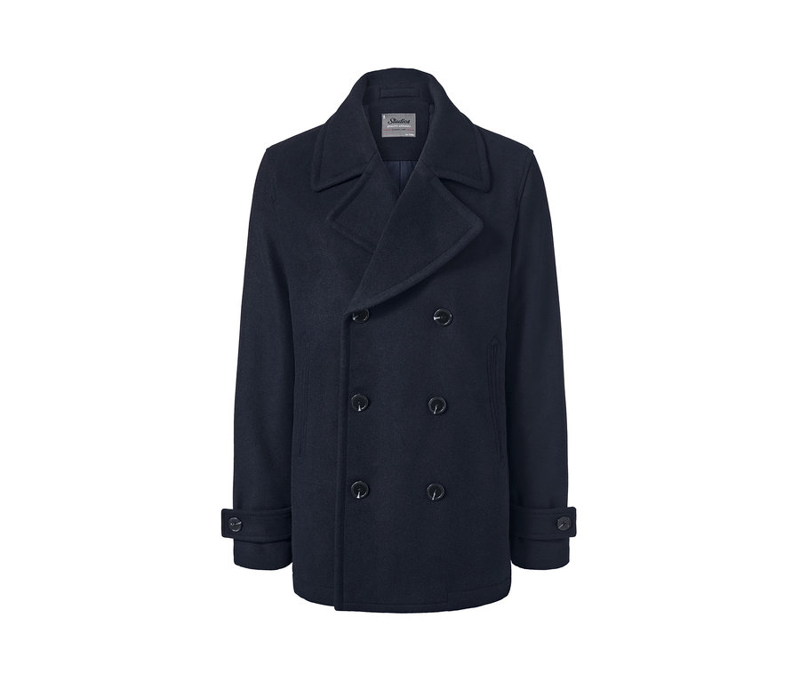 Granatowa kurtka w stylu caban, dwurzędowa.