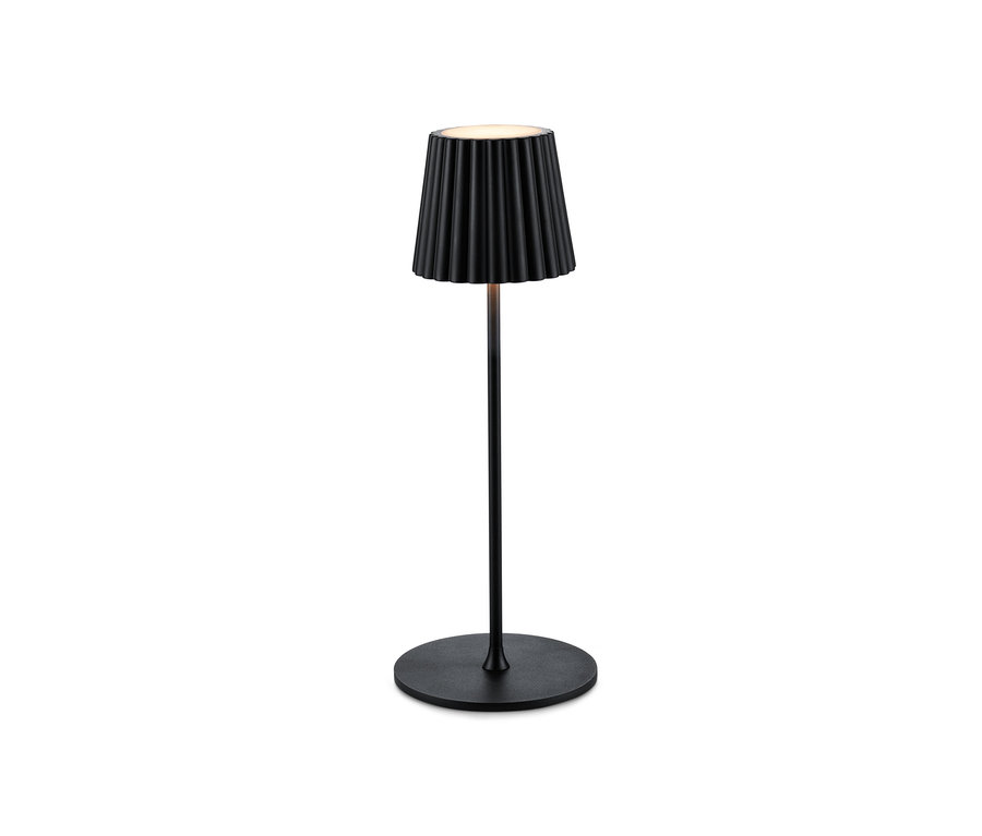 Czarna akumulatorowa lampa stołowa LED.
