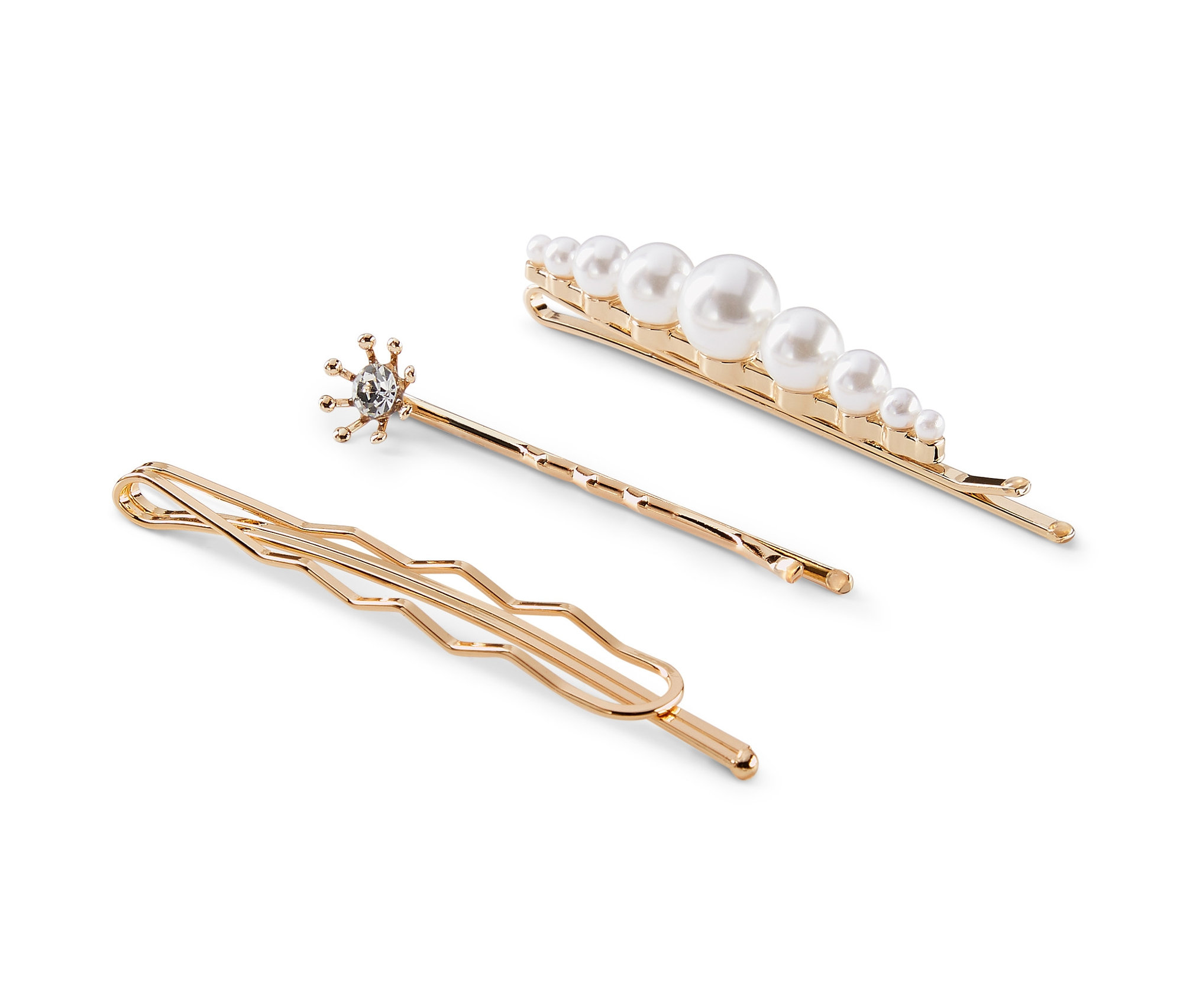 Złote ozdobne wsuwki do włosów, 3 sztuki, z perłami i cyrkoniami na białym tle.