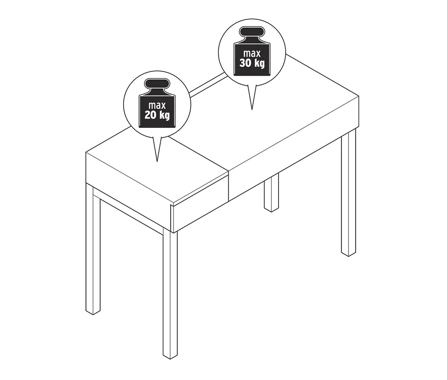 Ilustracja składanego biurka z maksymalnym obciążeniem 20 kg po jednej stronie i 30 kg po drugiej stronie.