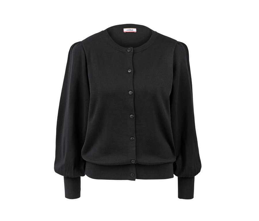 Czarny sweter z delikatnej dzianiny z bufiastymi rękawami.