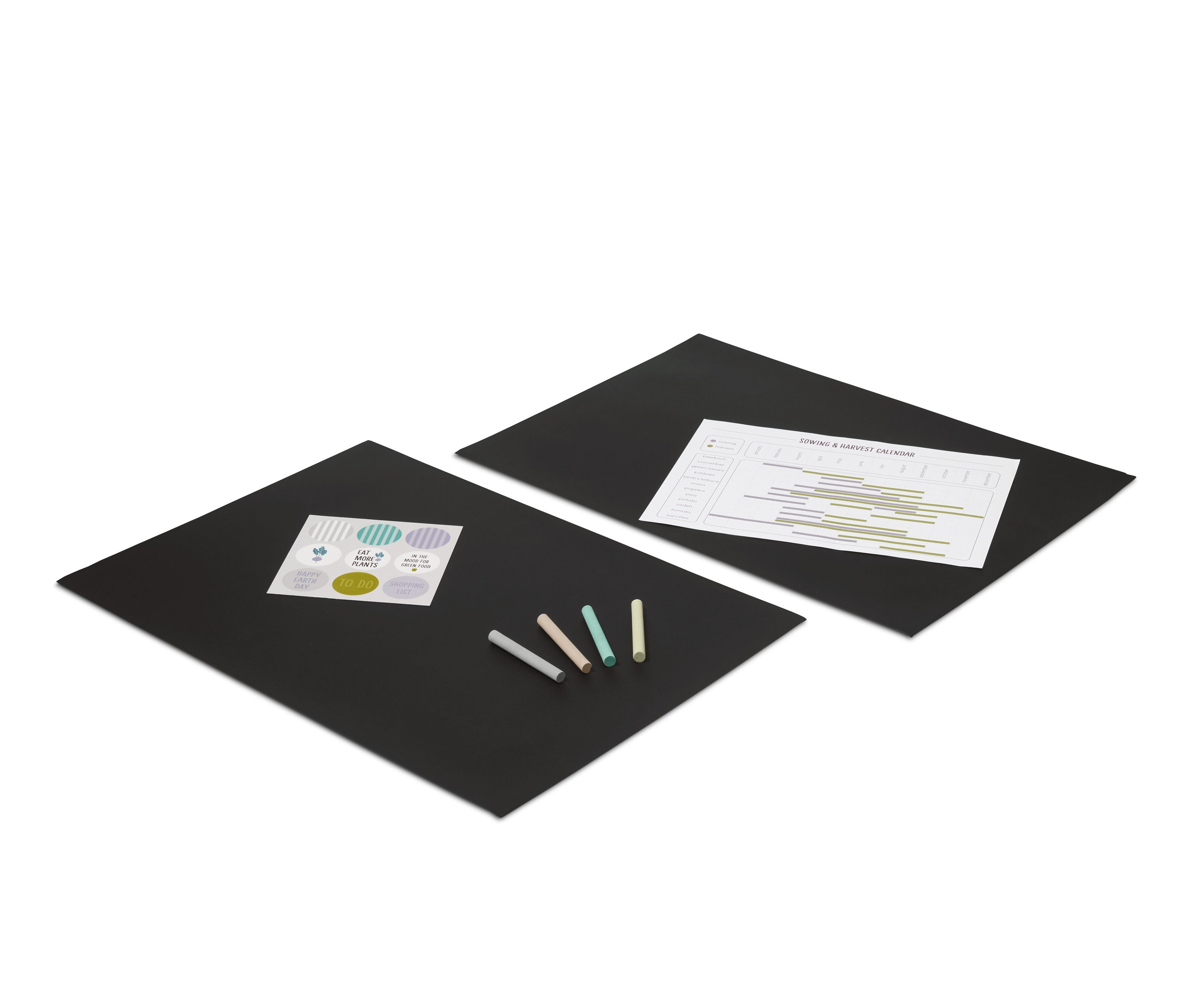 Dwie samoprzylepne tablice do pisania kredą, jedna z naklejkami i kredą, druga z kalendarzem siewu i zbioru.