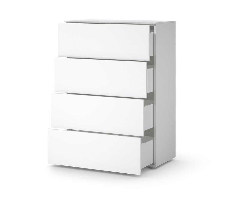 Biała komoda z szufladami, niektóre szuflady są otwarte.