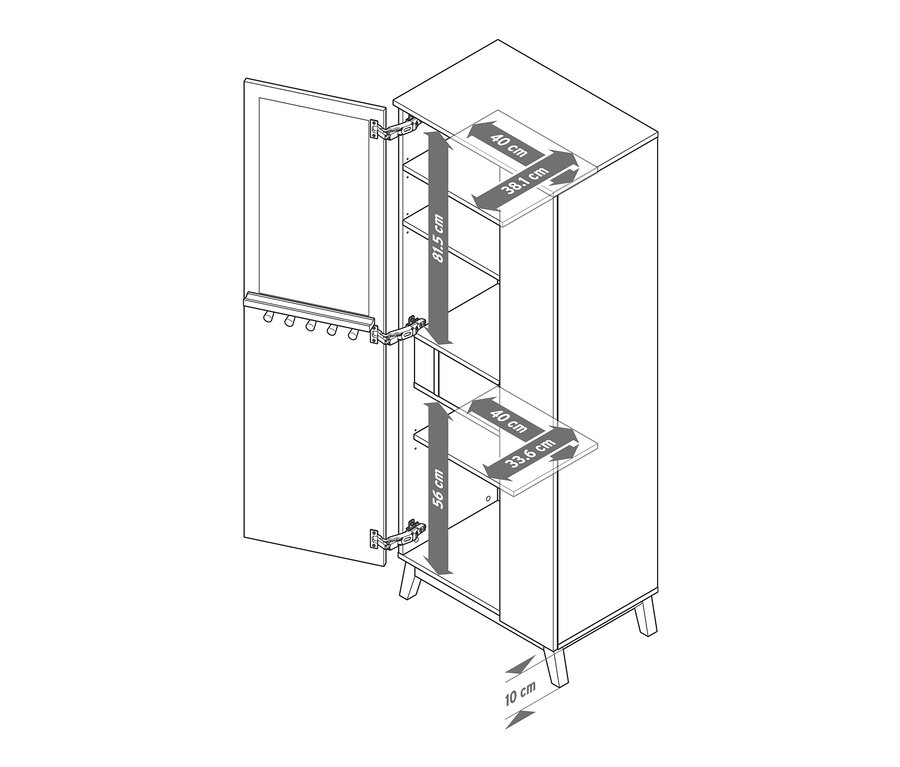 Otwarta szafa wielofunkcyjna z półkami i wymiarami.