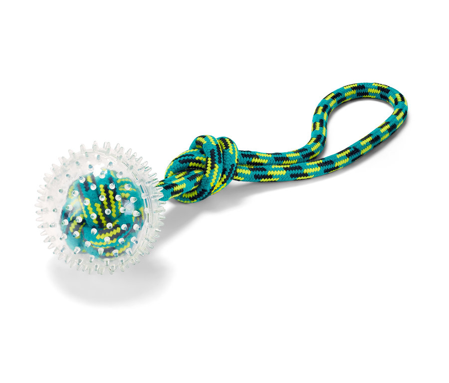 Zabawka do aportowania dla psów z przezroczystą kulką i niebiesko-zielonym uchwytem ze sznurka.