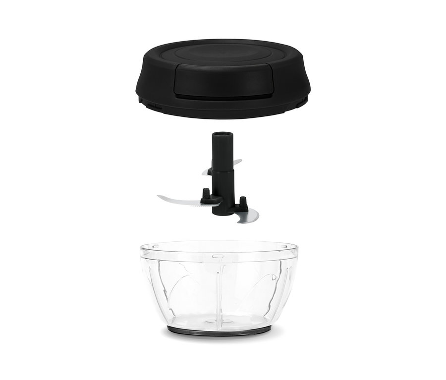 Rozłożony wielofunkcyjny rozdrabniacz ręczny składający się z przezroczystej miski, ostrza i czarnej pokrywki.