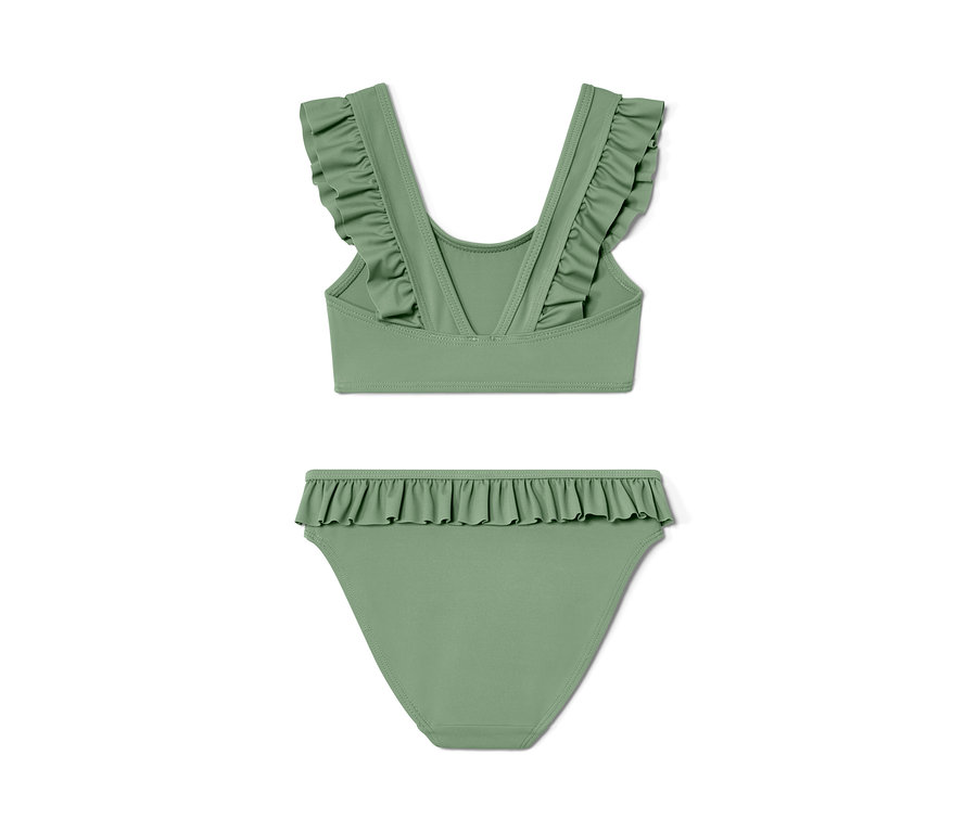 Zielony 4-częściowy zestaw bikini dla malucha z falbankami, top i majtki od bikini.