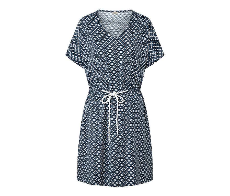 Niebieska tunika plażowa z białym geometrycznym wzorem i wiązaniem w pasie.