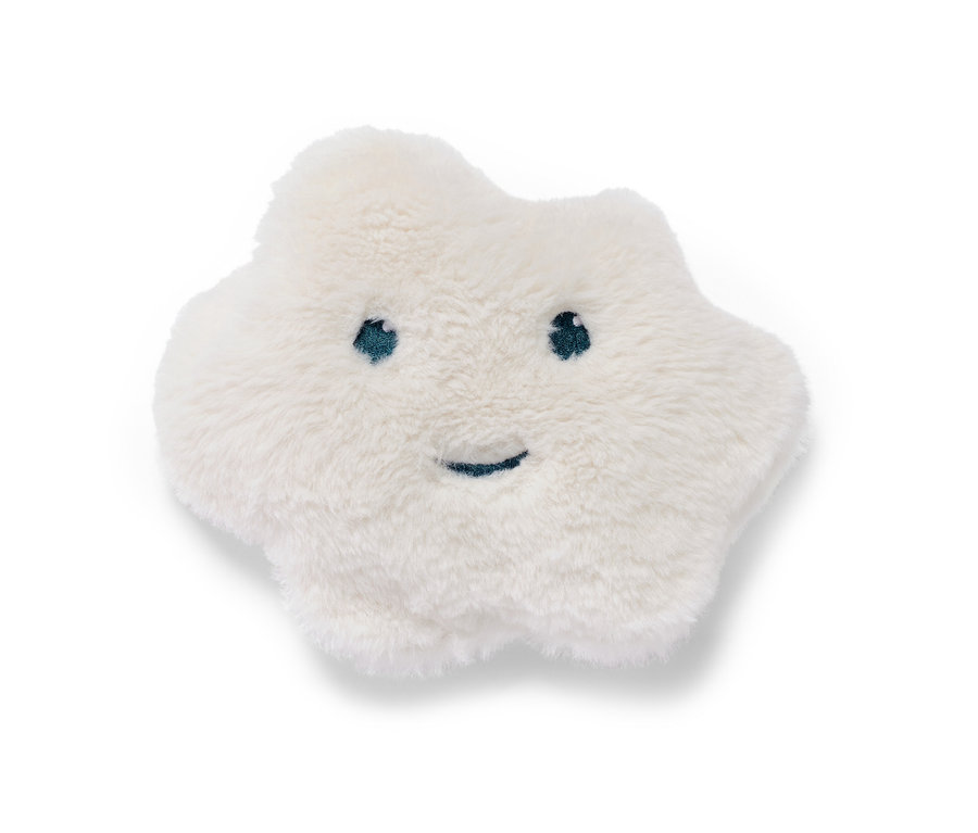 Biała poduszka rozgrzewająca z pestkami wiśni w kształcie gwiazdy z haftowanymi oczami i uśmiechem.