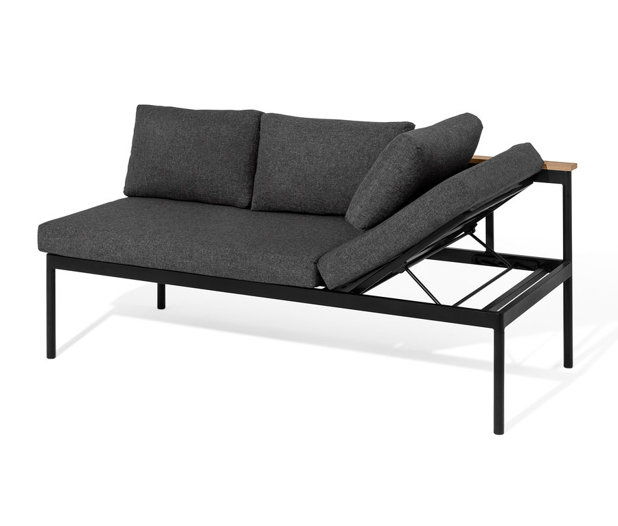 Ława do jadalni i leżanka 2 w 1 „Elin” z czarną ramą i szarymi poduszkami.