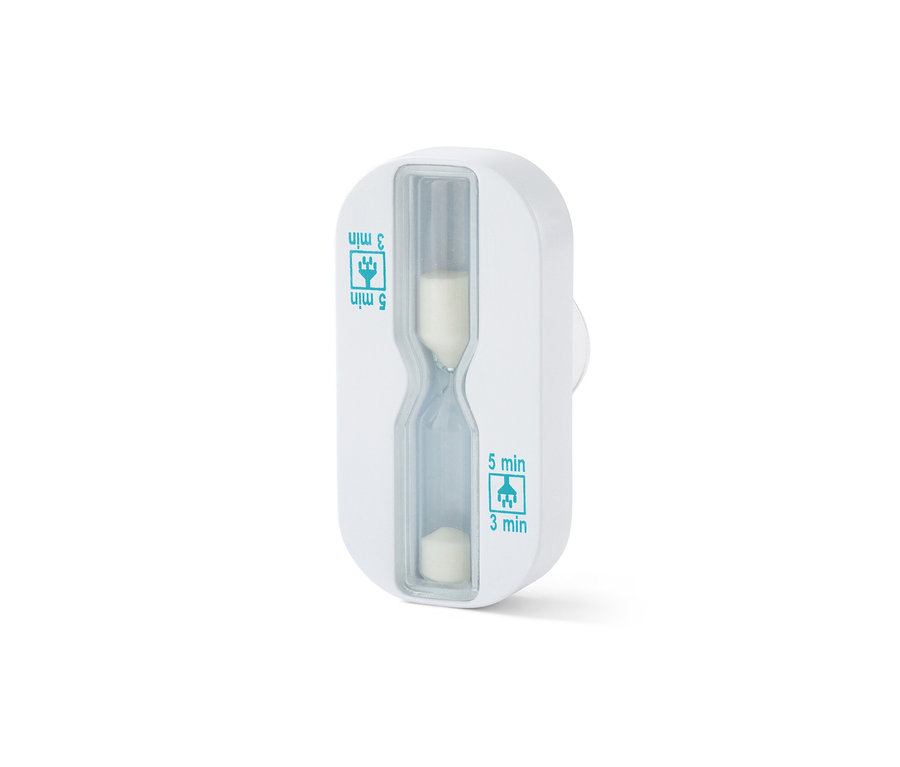 Biała klepsydra pod prysznic z białym piaskiem w środku.