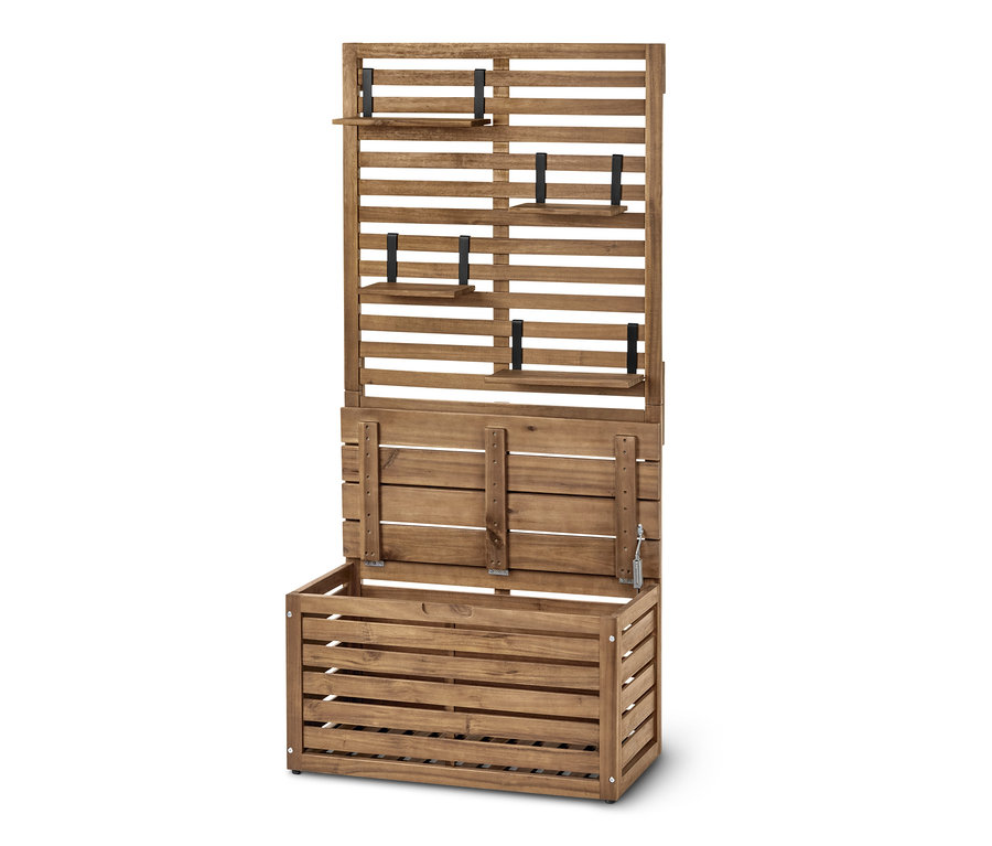 Ławka balkonowa z parawanem „Lenja” ze skrzynią do przechowywania wykonana z brązowego drewna, z otwartą przestrzenią do przechowywania i małymi półkami.