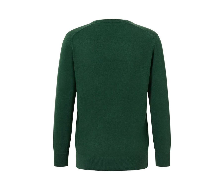 Ciemnozielony sweter z dekoltem w szpic, widok z tyłu.