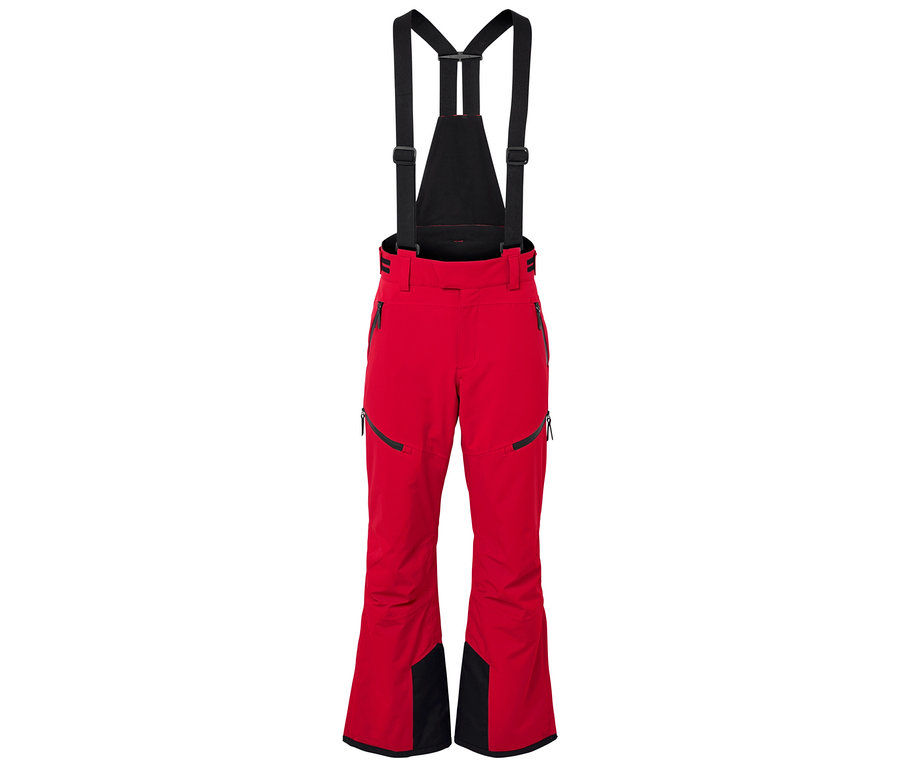Czerwone spodnie narciarskie z czarnymi detalami i czarnymi szelkami.