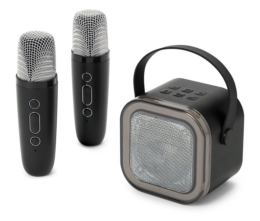 Dwa mikrofony i jeden czarny głośnik na białym tle.