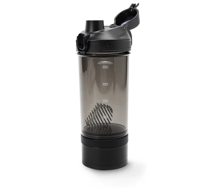 Czarny shaker do protein z metalową spiralą w środku.