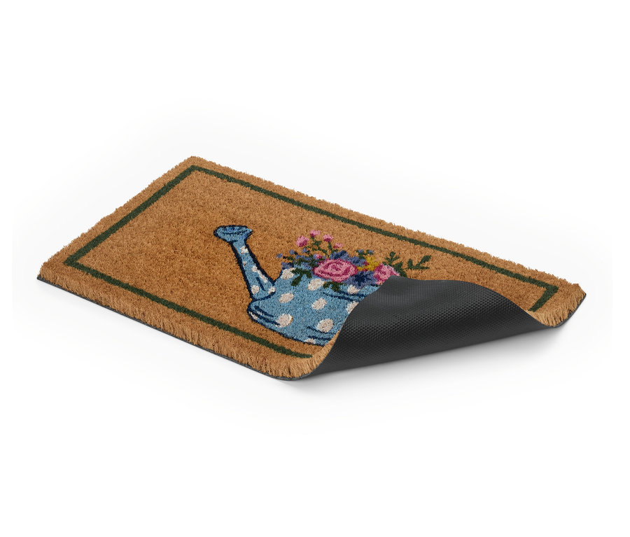 Wycieraczka z motywem konewki i kwiatów.