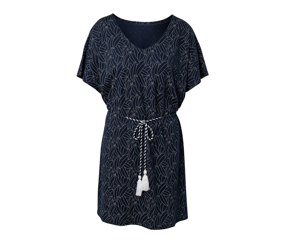 Granatowa tunika plażowa z białym wzorem liści i sznurkiem w pasie.