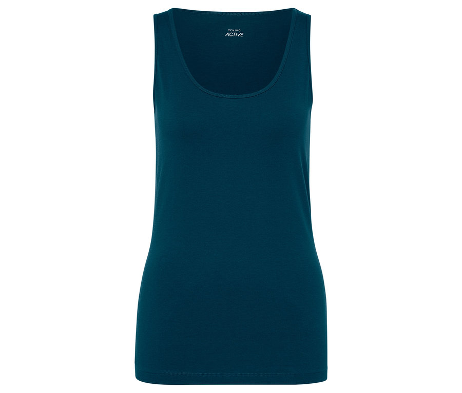 Ciemnoniebieski top na ramiączkach z logo Tchibo Active w prawym górnym rogu.