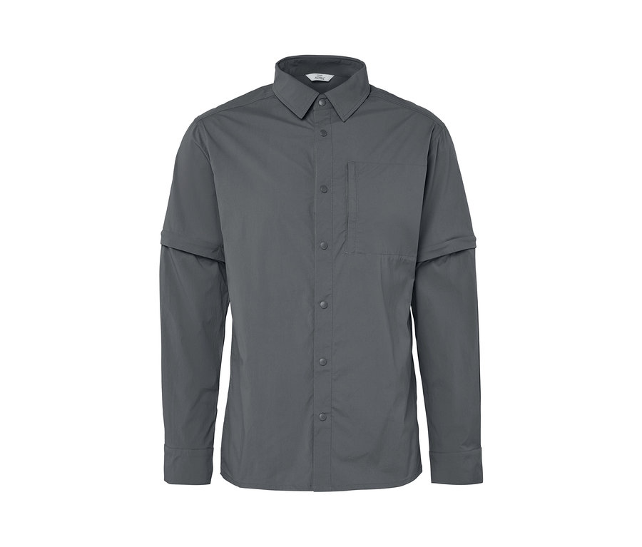 Szara koszula outdoorowa z długimi rękawami i kieszenią.