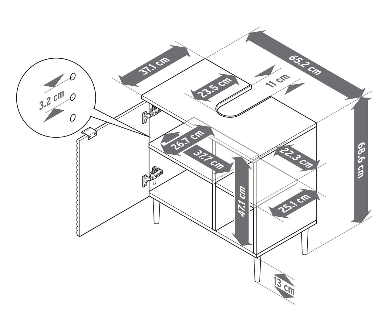 Szczegółowy schemat szafki pod umywalkę „SONARI” z drzwiczkami, zawierający wszystkie wymiary.