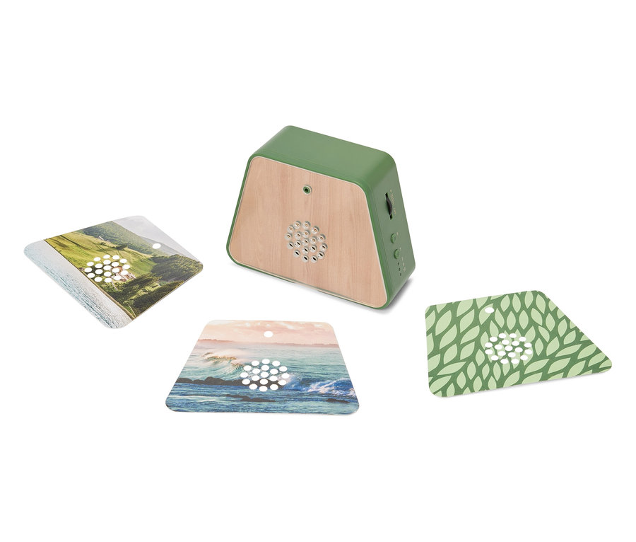 Zielony głośnik z drewnianymi akcentami stoi na białej powierzchni, otoczony trzema kwadratowymi kartami z motywami krajobrazowymi.
