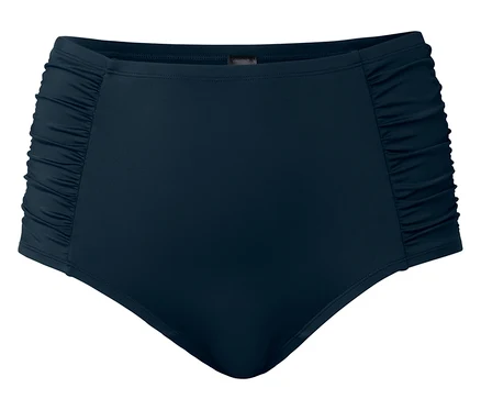 Granatowe majtki od bikini z marszczeniami po bokach.