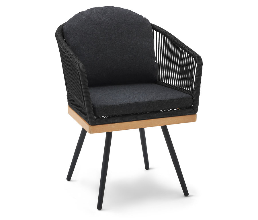 Obrotowe krzesło ogrodowe z plecionką tekstylną, czarnymi nogami i szarymi poduszkami.