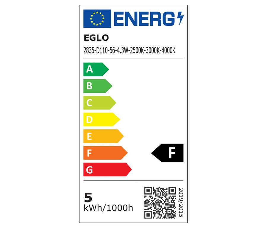 Etykieta energetyczna EGLO 2835-D110-56-4.3W pokazuje klasę efektywności energetycznej F i zużycie 5 kWh/1000h.