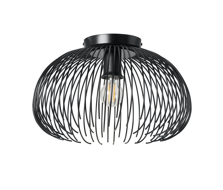Czarna lampa sufitowa z kloszem z drucianej klatki w kształcie spłaszczonej kopuły. W środku widoczna żarówka Edison.