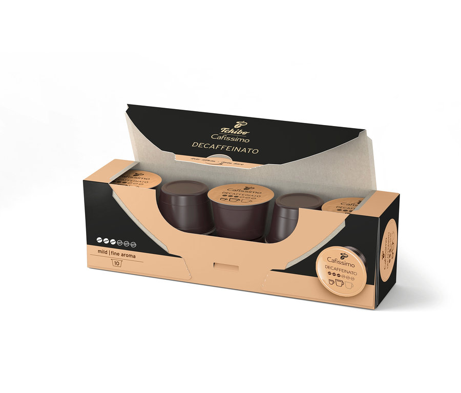 Pudełko z dziesięcioma kapsułkami kawy Cafissimo Decaffeinato.