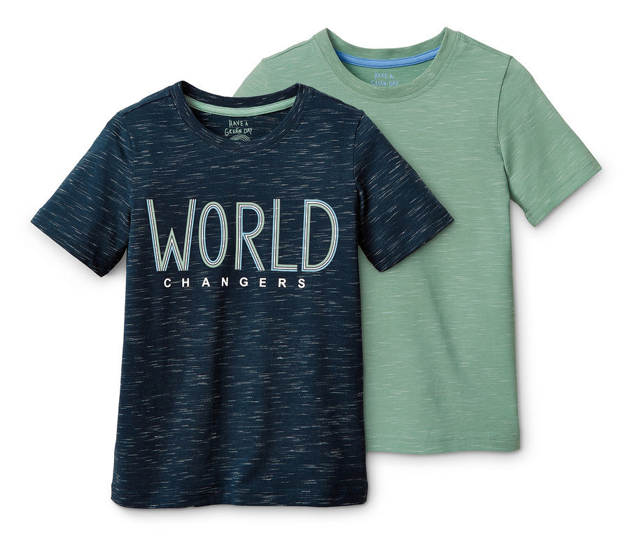 Dwa T-shirty: granatowy z napisem i jasnozielony.