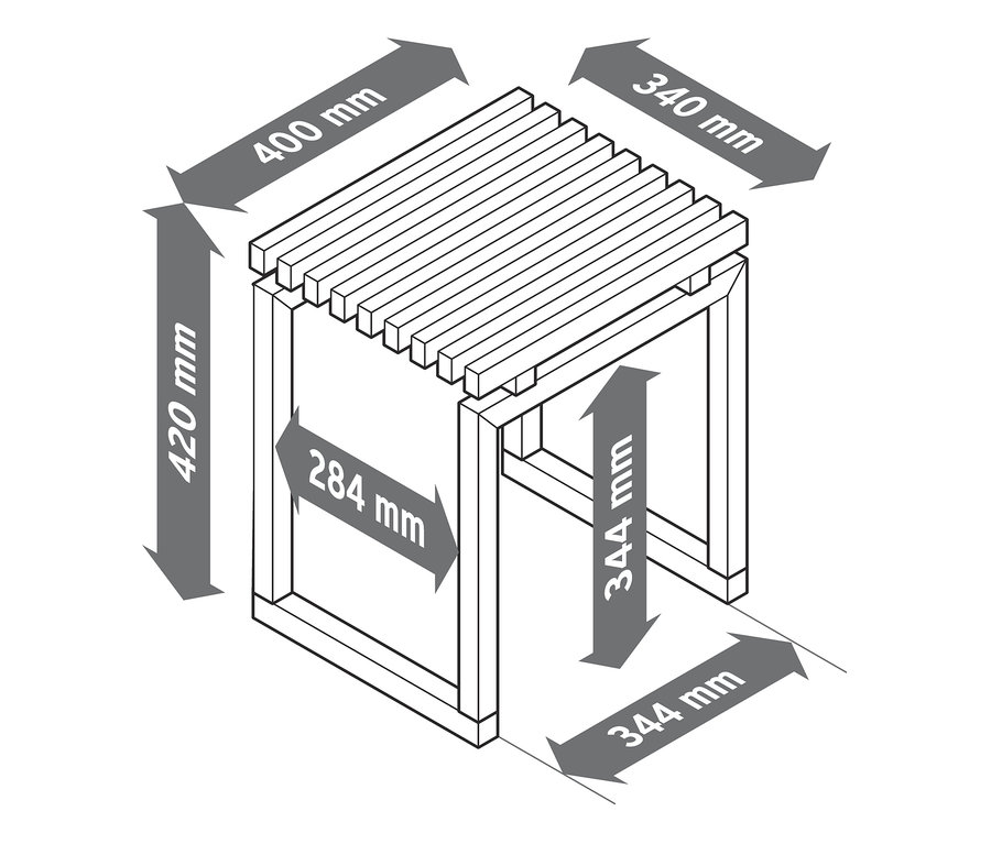 Szkic drewnianego stołka z zaznaczonymi wymiarami.