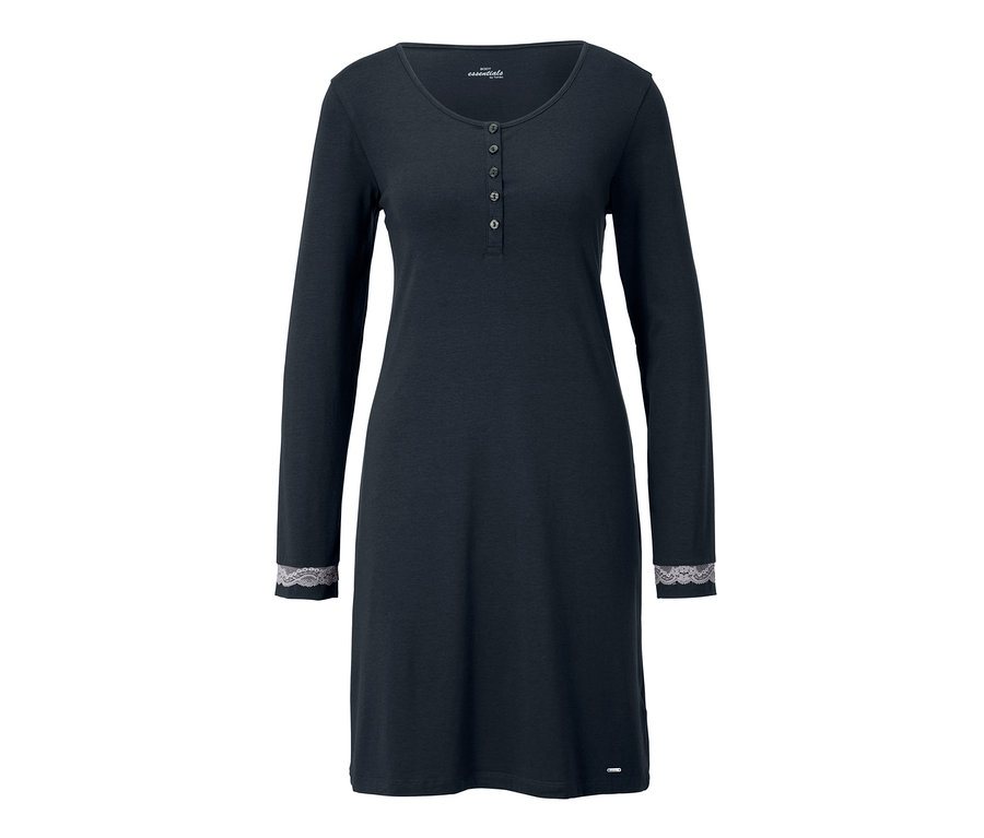 Granatowa koszula nocna z długim rękawem i guzikami.