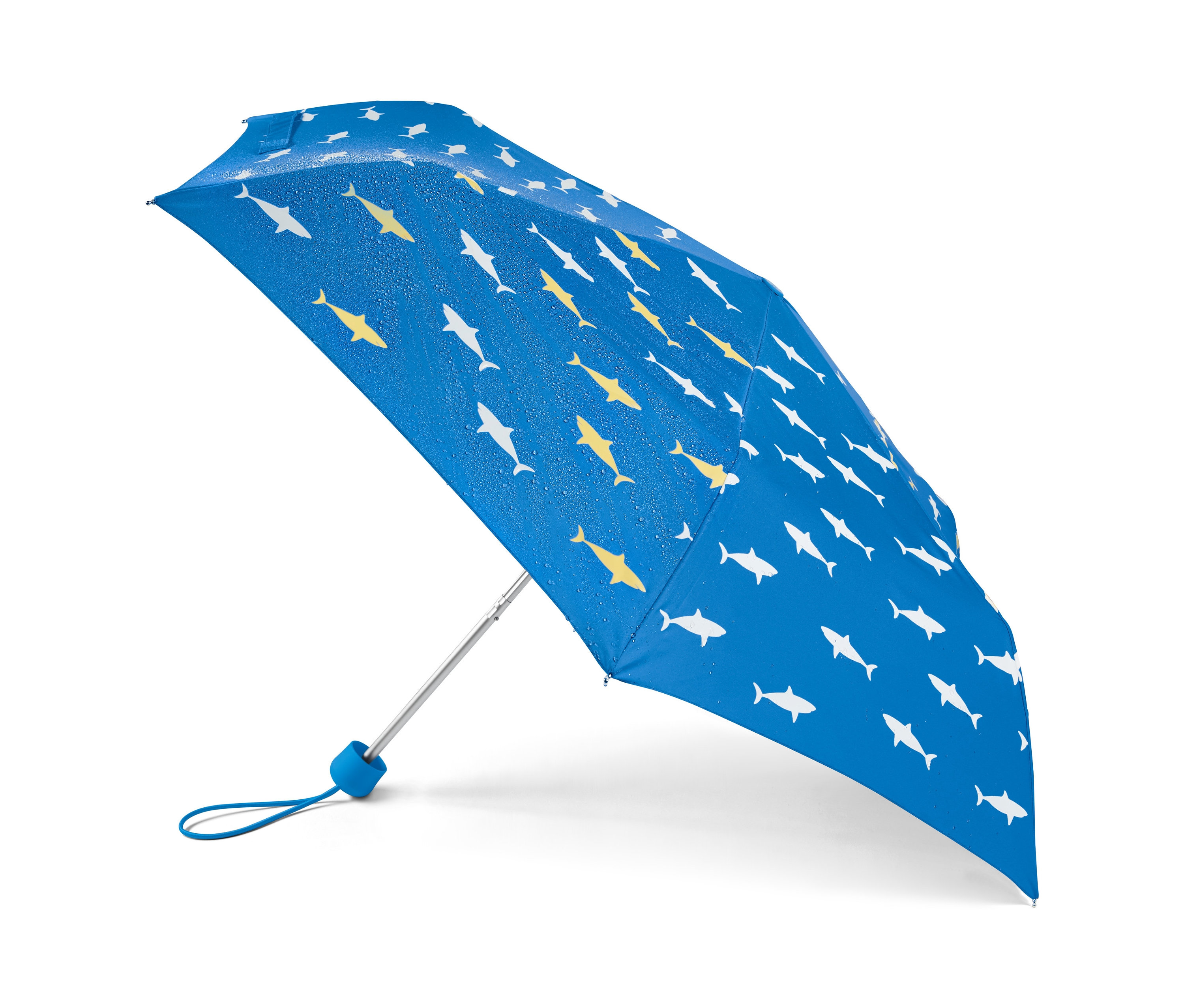 Niebieski, dziecięcy, kieszonkowy parasol zmieniający kolor, we wzór z żółtych i białych rekinów.