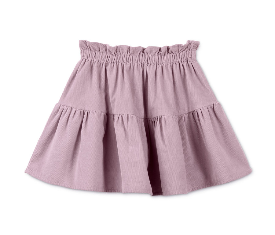 Fioletowa spódnica ze sztruksu z falbaną.