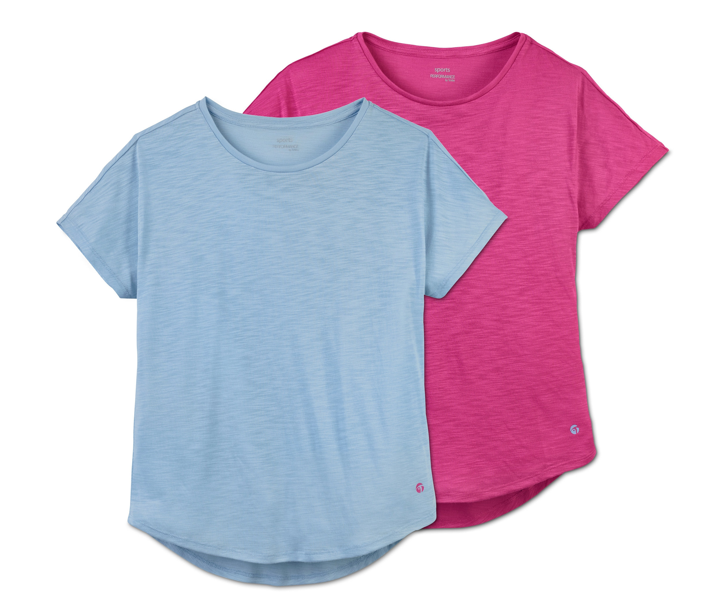 Dwie dziecięce koszulki funkcyjne z materiału z recyklingu w kolorze niebieskim i różowym.