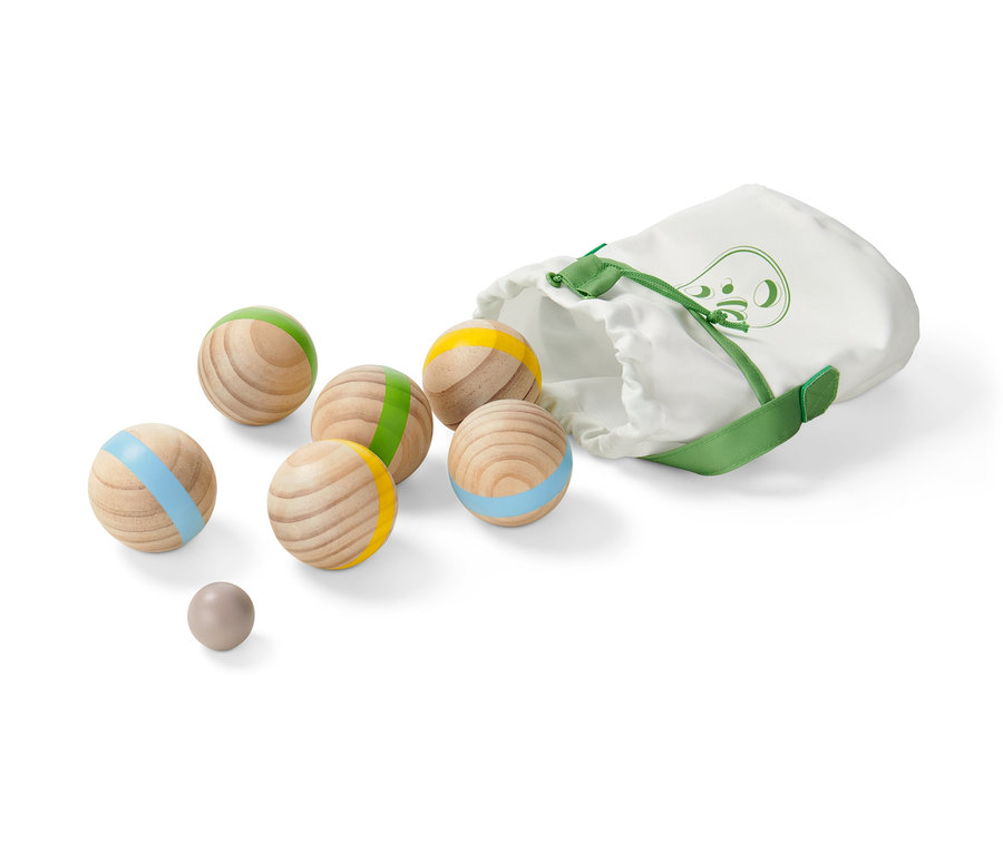 Zestaw do gry w boule z kolorowymi paskami i torbą.