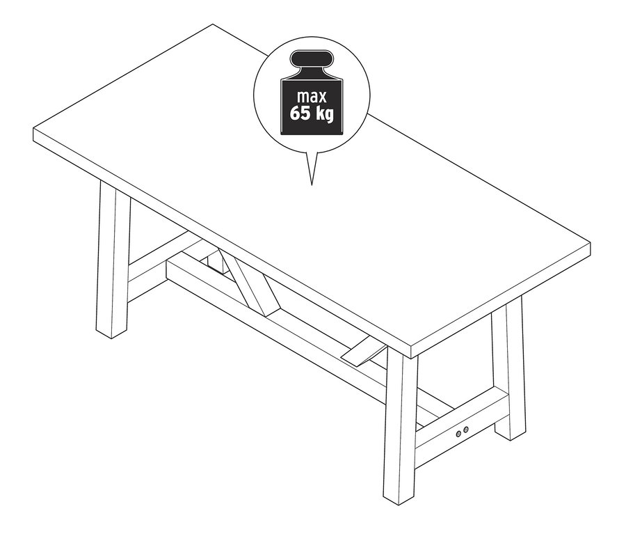 Szkic stołu do jadalni o maksymalnym obciążeniu 65 kg.