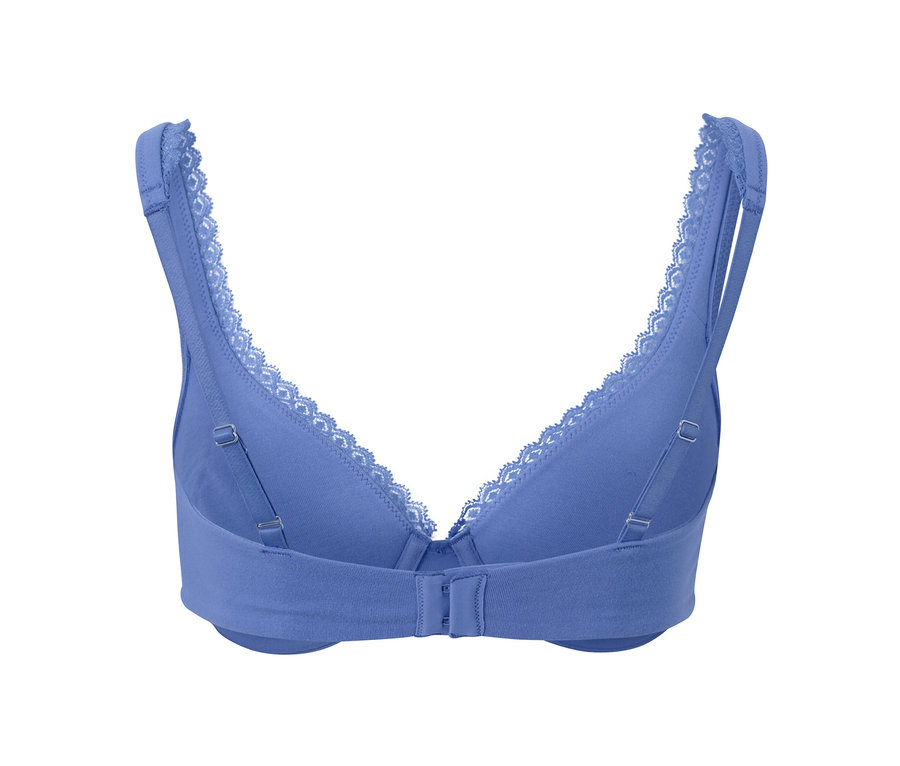 Niebieski biustonosz z fiszbinami.