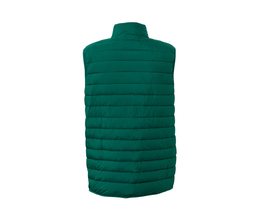 Widok z tyłu zwijanej pikowanej kamizelki w kolorze zielonym.