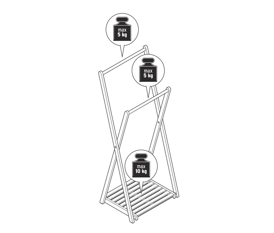 Szkic wieszaka na ubrania z litego drewna z informacją o maksymalnym obciążeniu.