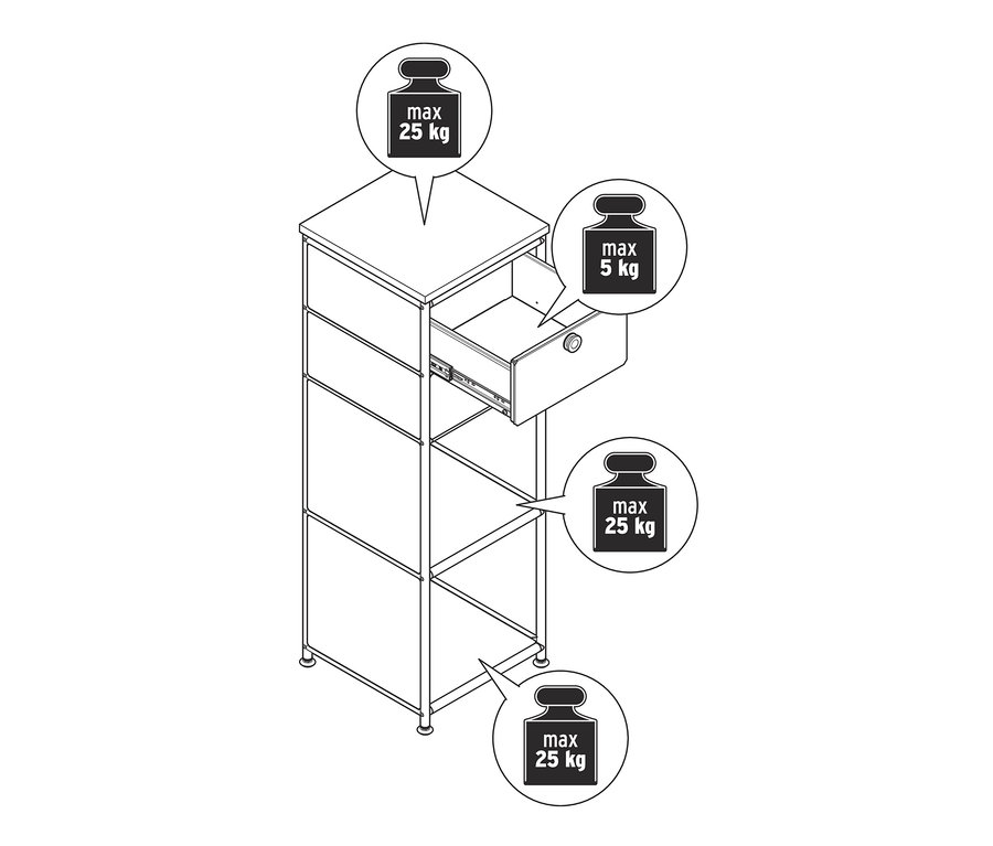 Rysunek wąskiej, białej metalowej komody „CN3” z drewnianym blatem i 2 szufladami, z których jedna jest otwarta.