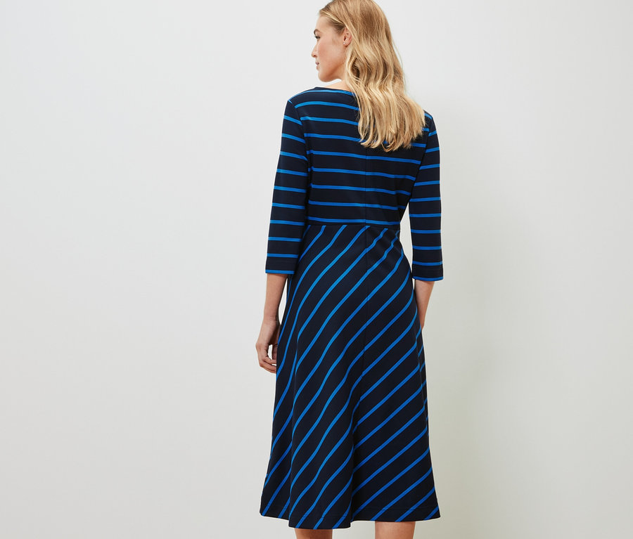 Kobieta stoi tyłem do aparatu, ubrana w dżersejową sukienkę w paski.