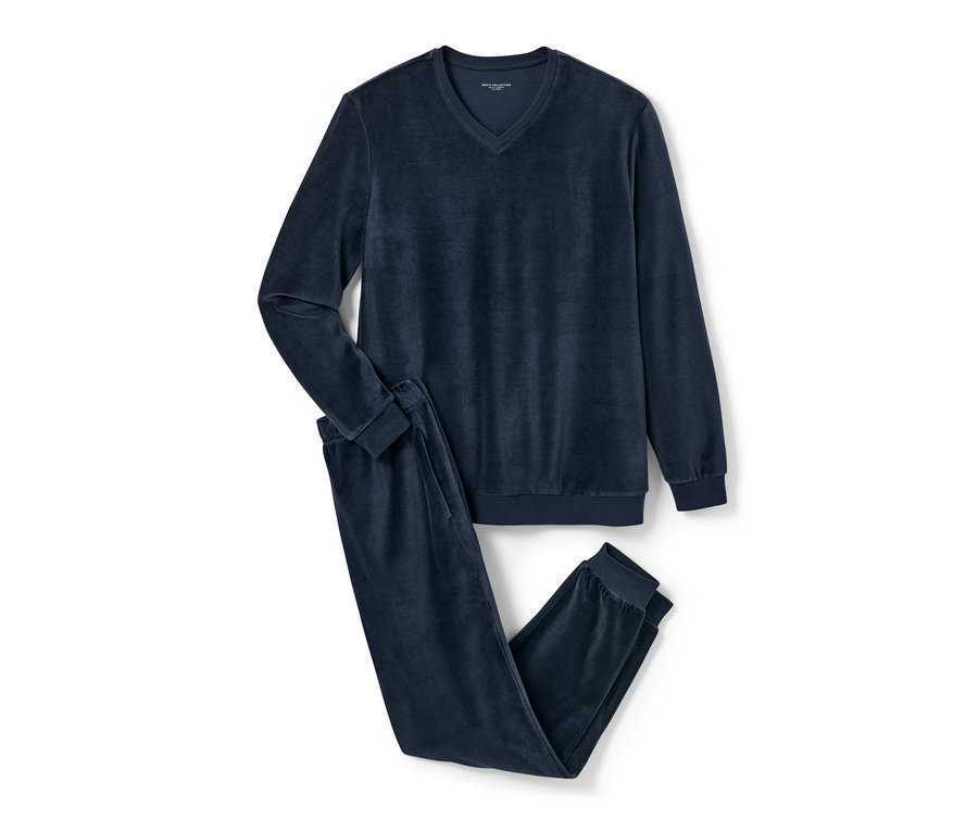 Granatowa piżama z weluru z długimi rękawami i spodniami.