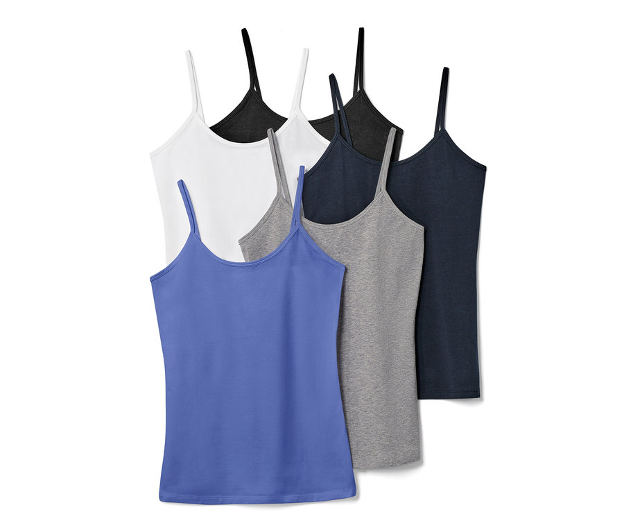 Pięć koszulek na cienkich ramiączkach w kolorach niebieskim, szarym, czarnym i białym.
