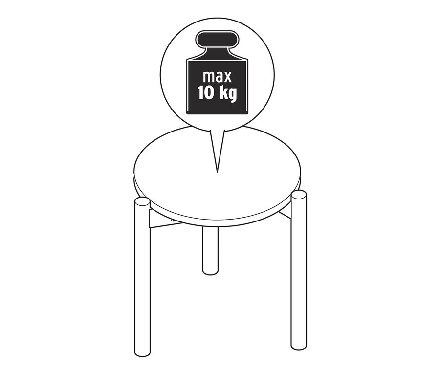 Diagram przedstawia okrągły stolik o maksymalnym obciążeniu 10 kg.