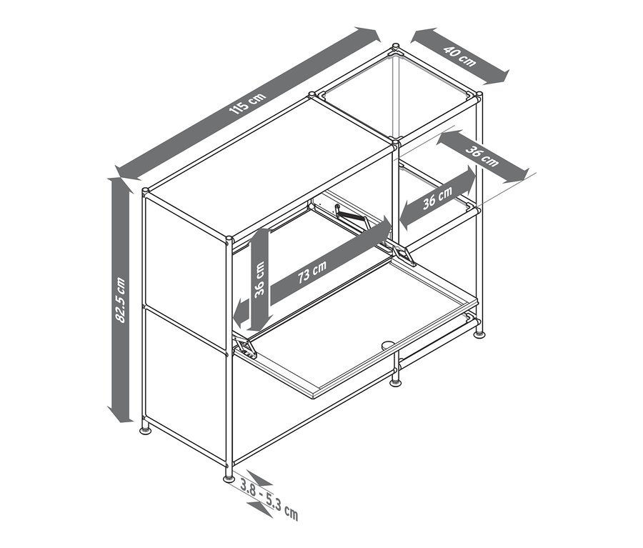 Ilustracja metalowej szafki typu sideboard „CN3” z 2 szafkami z klapami i wymiarami.