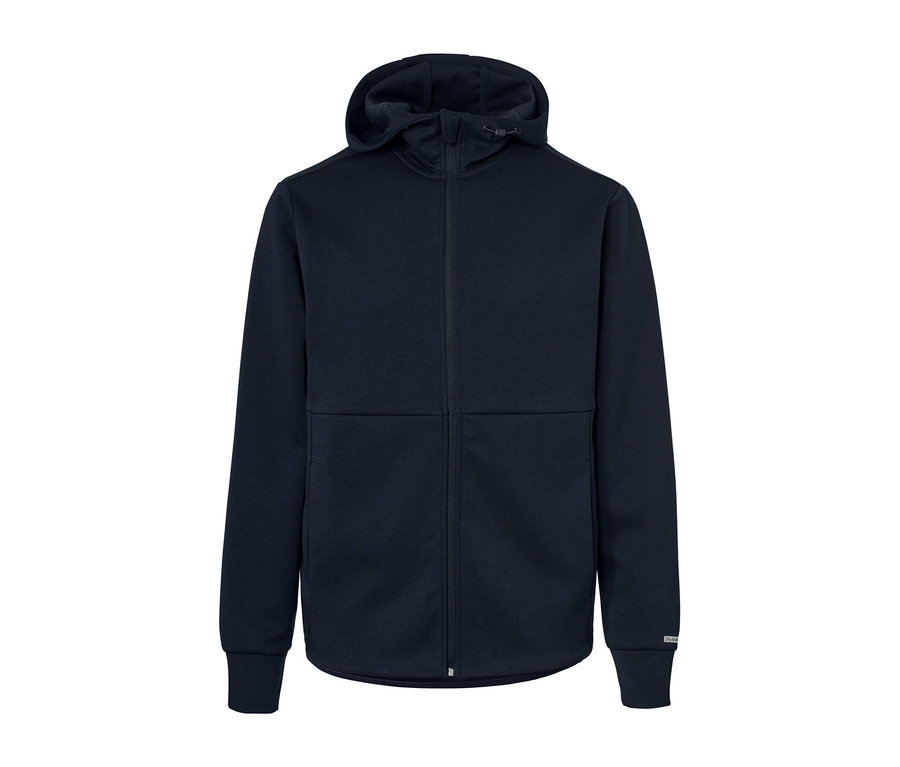 Granatowa funkcyjna bluza dresowa z kapturem i zamkiem błyskawicznym.